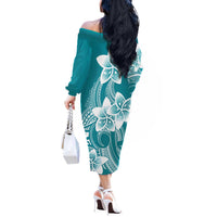 Polynesian Plumeria Flowers Tribal Off The Shoulder Long Sleeve Dress Pacific Tattoo Teal Style - Polynesian Pride
