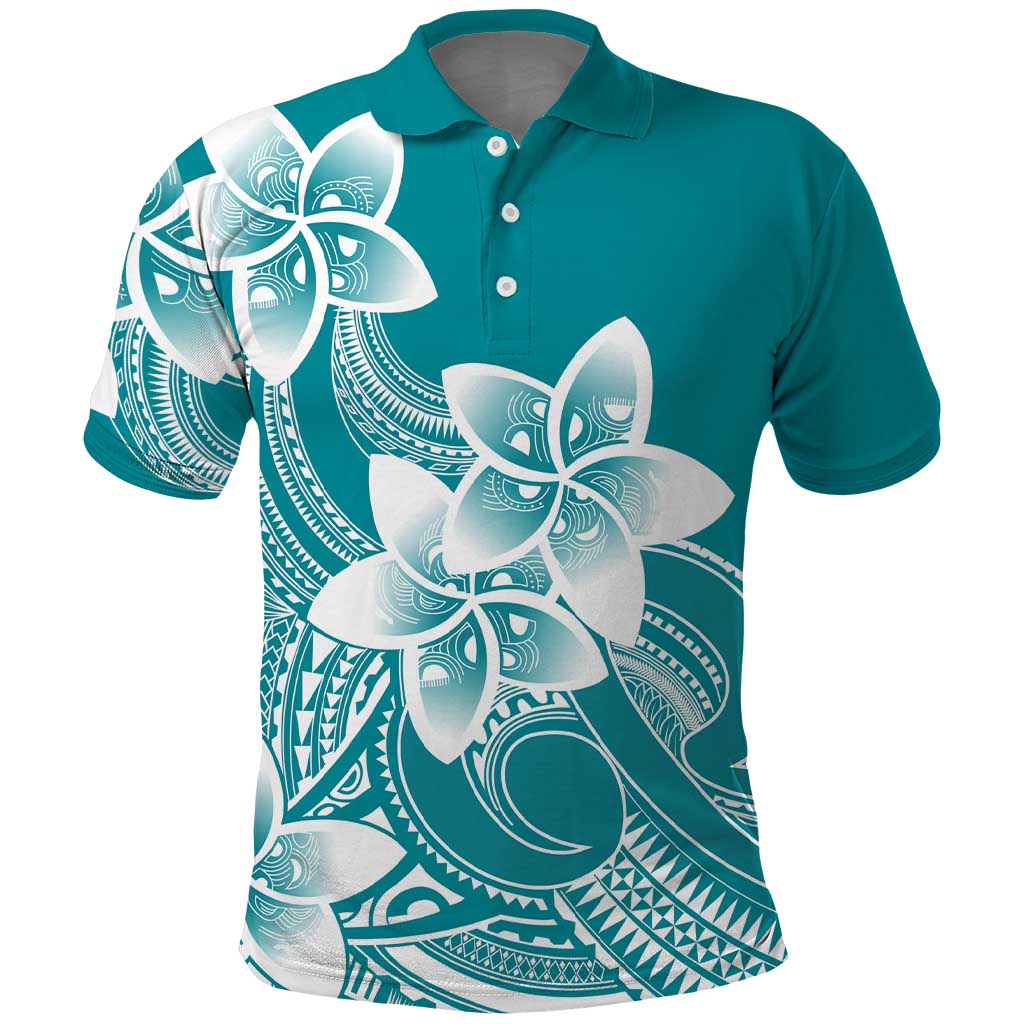 Polynesian Plumeria Flowers Tribal Polo Shirt Pacific Tattoo Teal Style - Polynesian Pride
