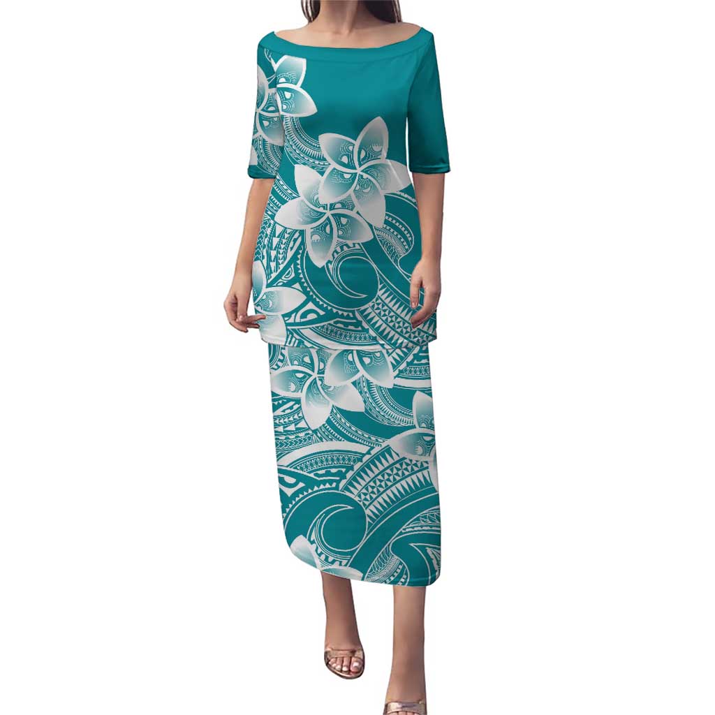 Polynesian Plumeria Flowers Tribal Puletasi Pacific Tattoo Teal Style - Polynesian Pride
