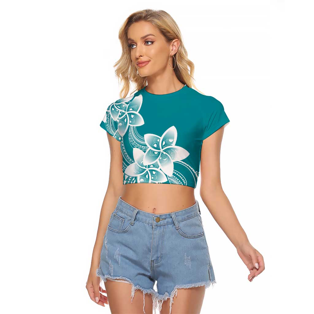Polynesian Plumeria Flowers Tribal Raglan Cropped T Shirt Pacific Tattoo Teal Style LT9 Female Teal - Polynesian Pride