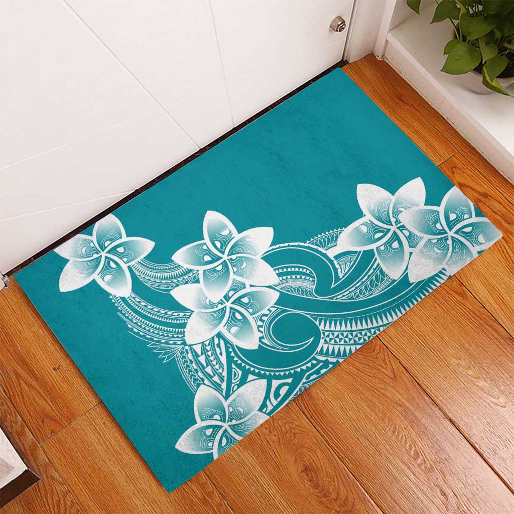 Polynesian Plumeria Flowers Tribal Rubber Doormat Pacific Tattoo Teal Style - Polynesian Pride