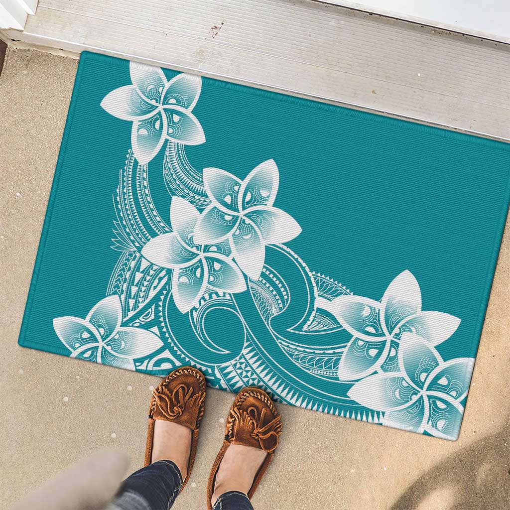 Polynesian Plumeria Flowers Tribal Rubber Doormat Pacific Tattoo Teal Style - Polynesian Pride