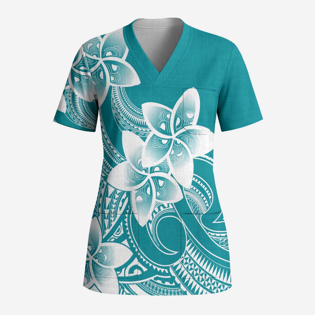 Polynesian Plumeria Flowers Tribal Scrub Top Pacific Tattoo Teal Style LT9 Adult Teal - Polynesian Pride