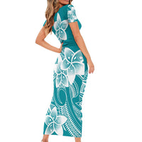 Polynesian Plumeria Flowers Tribal Short Sleeve Bodycon Dress Pacific Tattoo Teal Style - Polynesian Pride