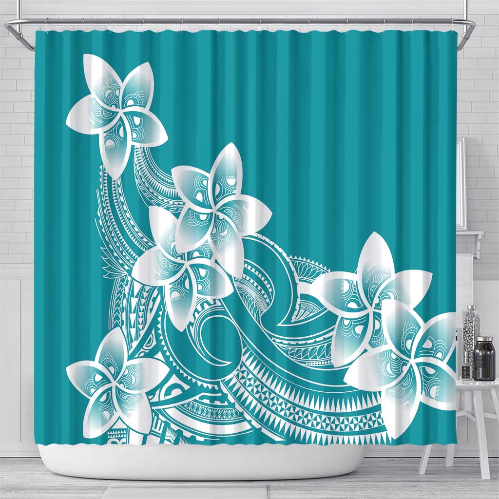 Polynesian Plumeria Flowers Tribal Shower Curtain Pacific Tattoo Teal Style - Polynesian Pride