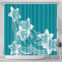 Polynesian Plumeria Flowers Tribal Shower Curtain Pacific Tattoo Teal Style - Polynesian Pride