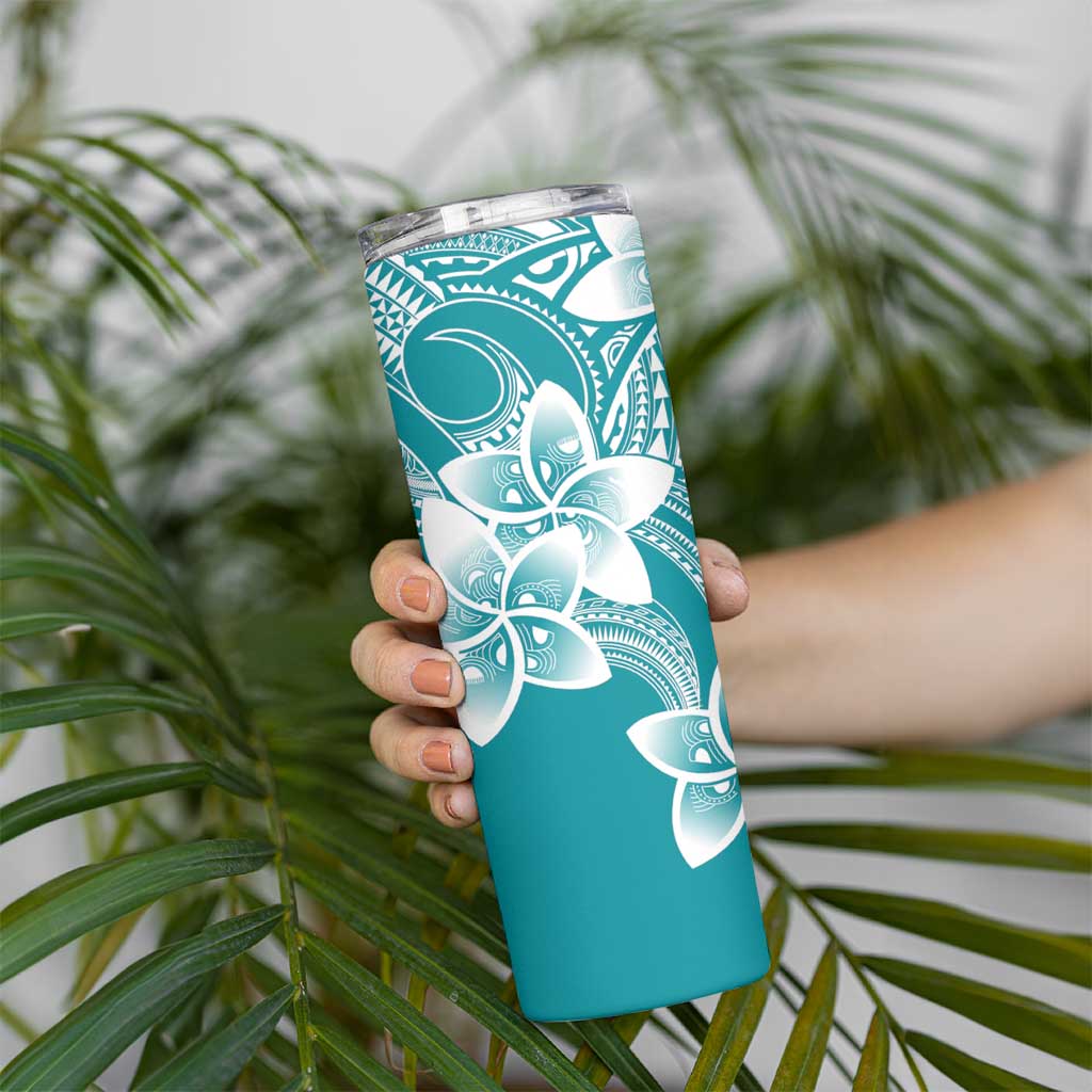 Polynesian Plumeria Flowers Tribal Skinny Tumbler Pacific Tattoo Teal Style - Polynesian Pride
