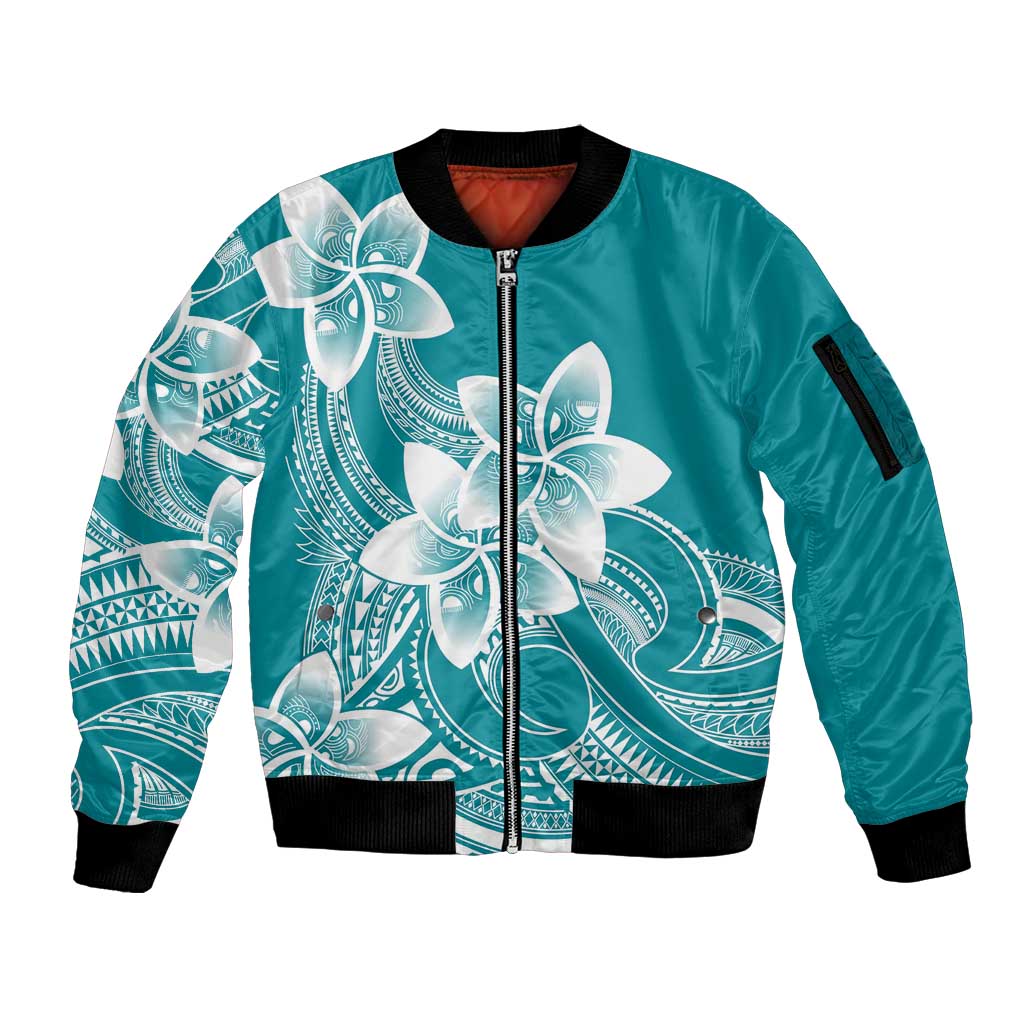 Polynesian Plumeria Flowers Tribal Sleeve Zip Bomber Jacket Pacific Tattoo Teal Style LT9 Unisex Teal - Polynesian Pride