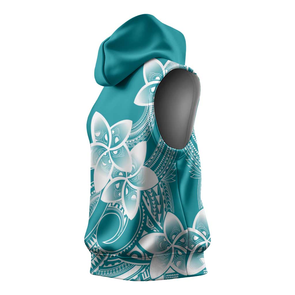 Polynesian Plumeria Flowers Tribal Sleeveless Hoodie Pacific Tattoo Teal Style - Polynesian Pride