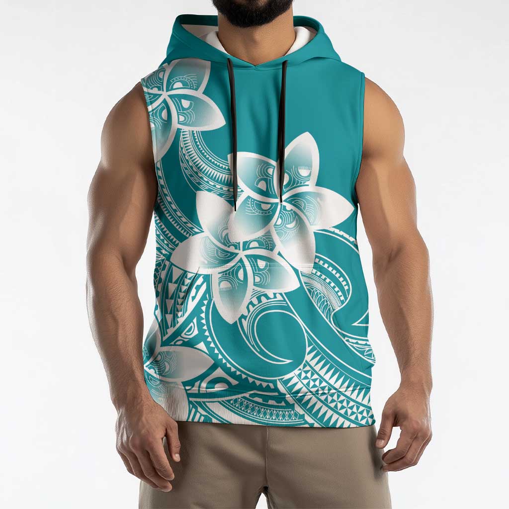 Polynesian Plumeria Flowers Tribal Sleeveless Hoodie Pacific Tattoo Teal Style - Polynesian Pride