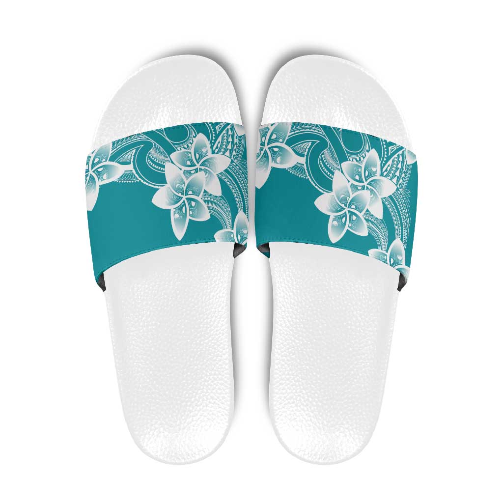 Polynesian Plumeria Flowers Tribal Slide Sandals Pacific Tattoo Teal Style - Polynesian Pride