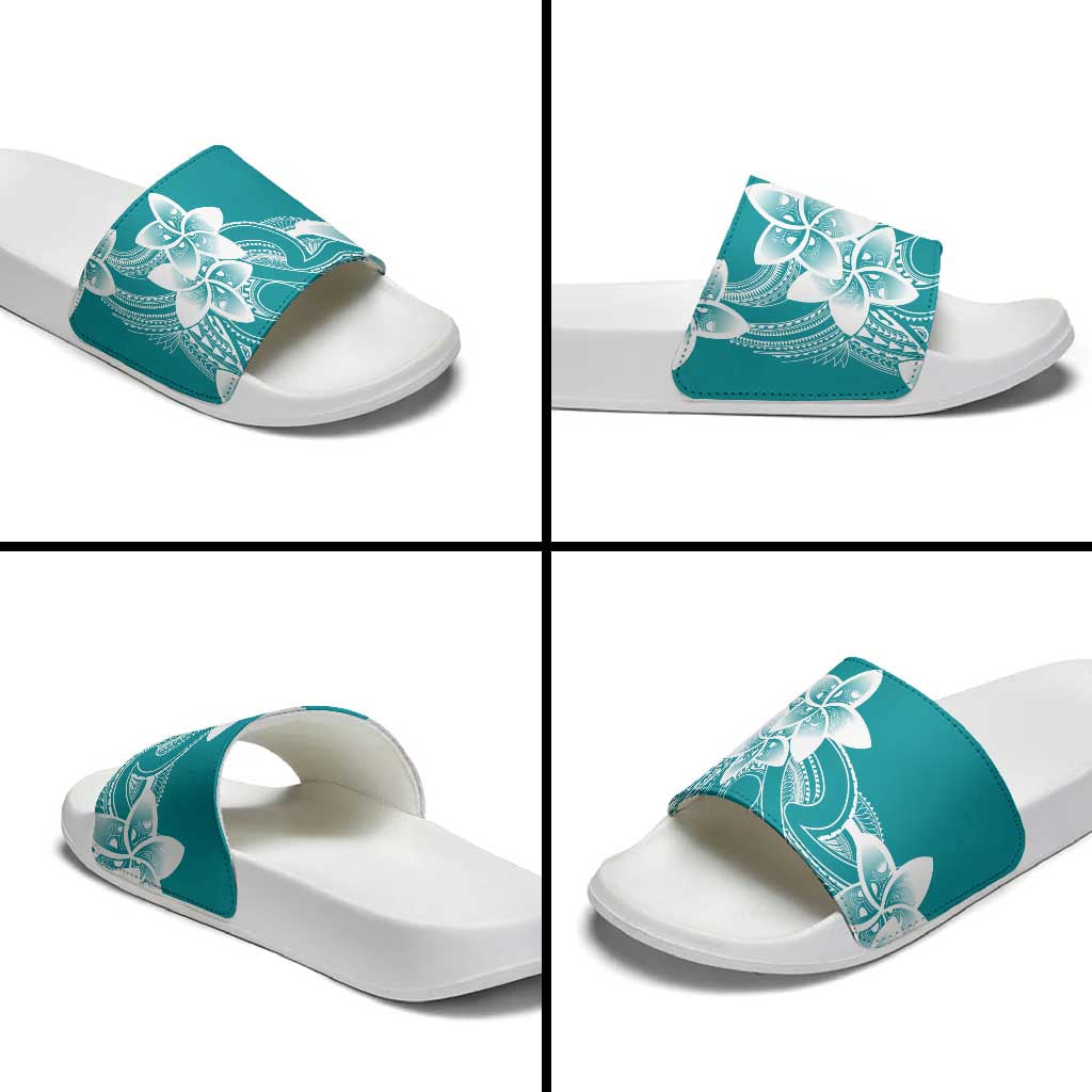 Polynesian Plumeria Flowers Tribal Slide Sandals Pacific Tattoo Teal Style - Polynesian Pride