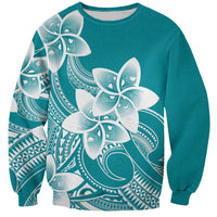 Polynesian Plumeria Flowers Tribal Sweatshirt Pacific Tattoo Teal Style - Polynesian Pride