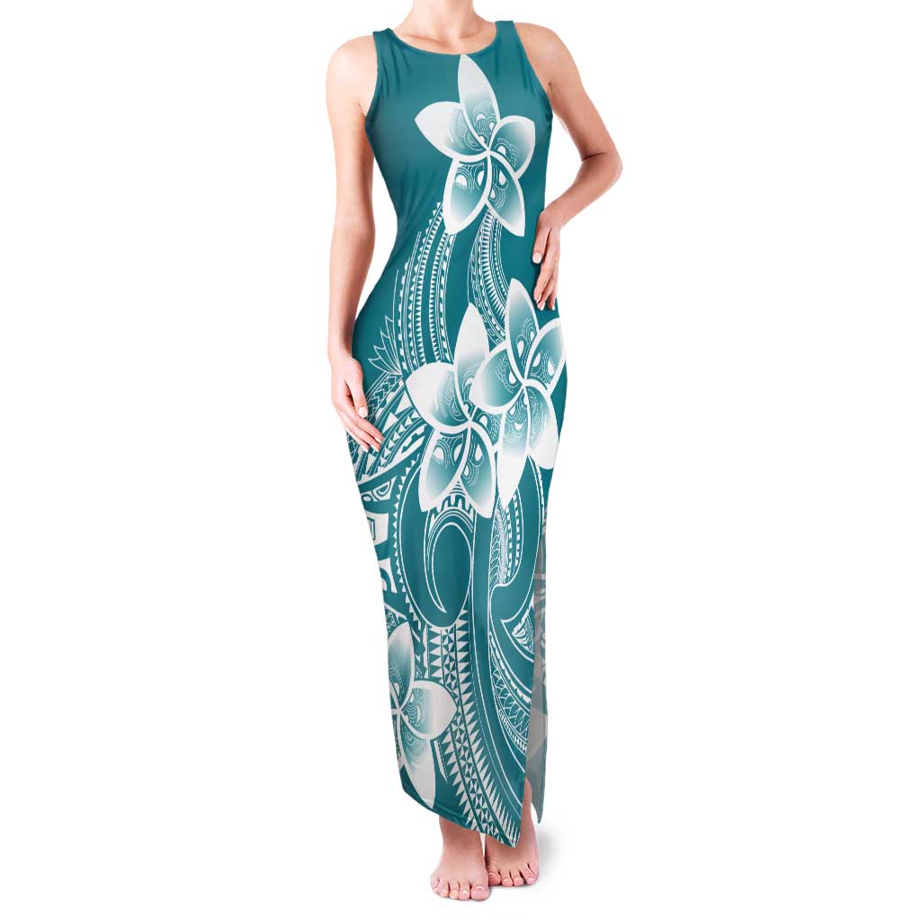 Polynesian Plumeria Flowers Tribal Tank Maxi Dress Pacific Tattoo Teal Style - Polynesian Pride