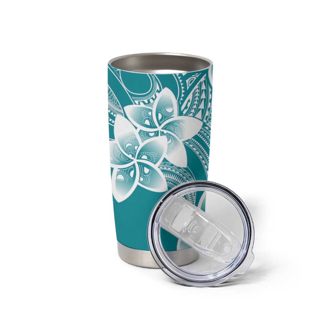 Polynesian Plumeria Flowers Tribal Tumbler Cup Pacific Tattoo Teal Style - Polynesian Pride