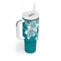 Polynesian Plumeria Flowers Tribal Tumbler With Handle Pacific Tattoo Teal Style - Polynesian Pride