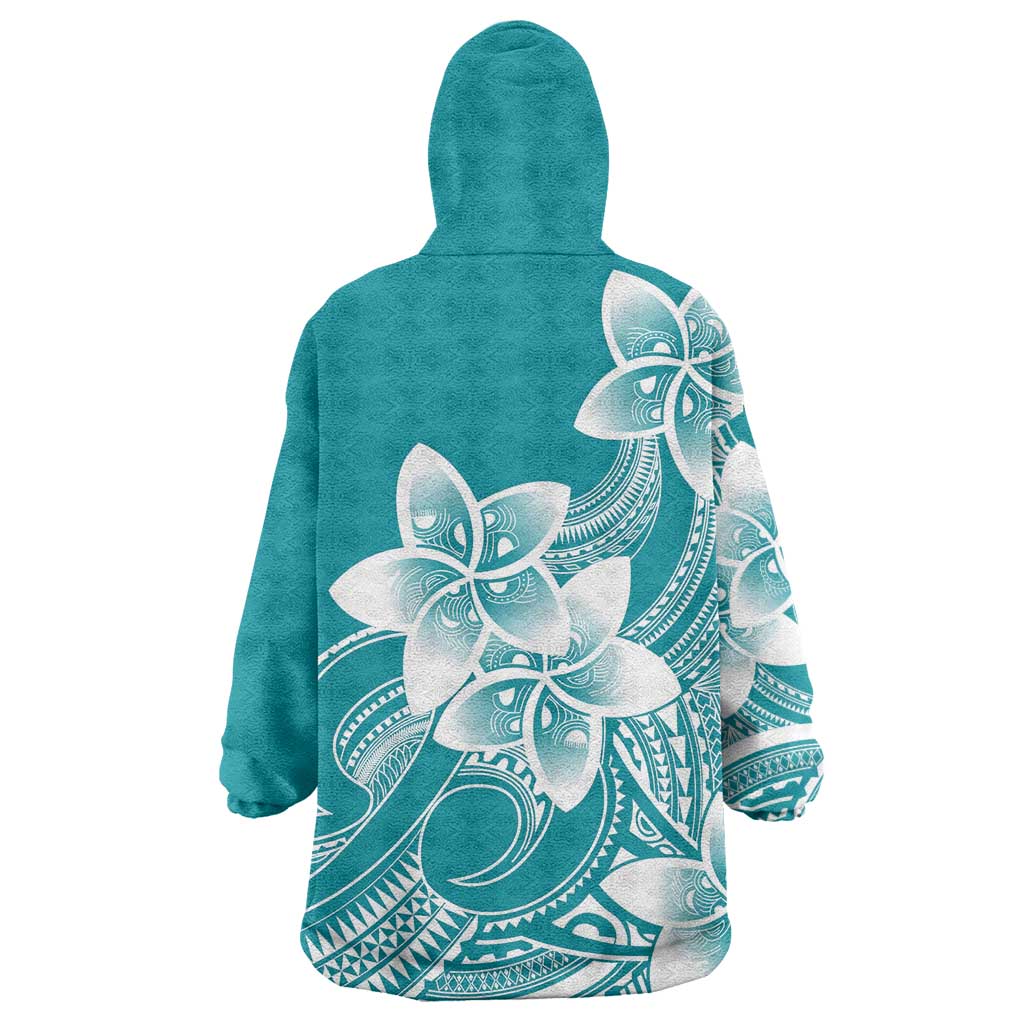Polynesian Plumeria Flowers Tribal Wearable Blanket Hoodie Pacific Tattoo Teal Style - Polynesian Pride