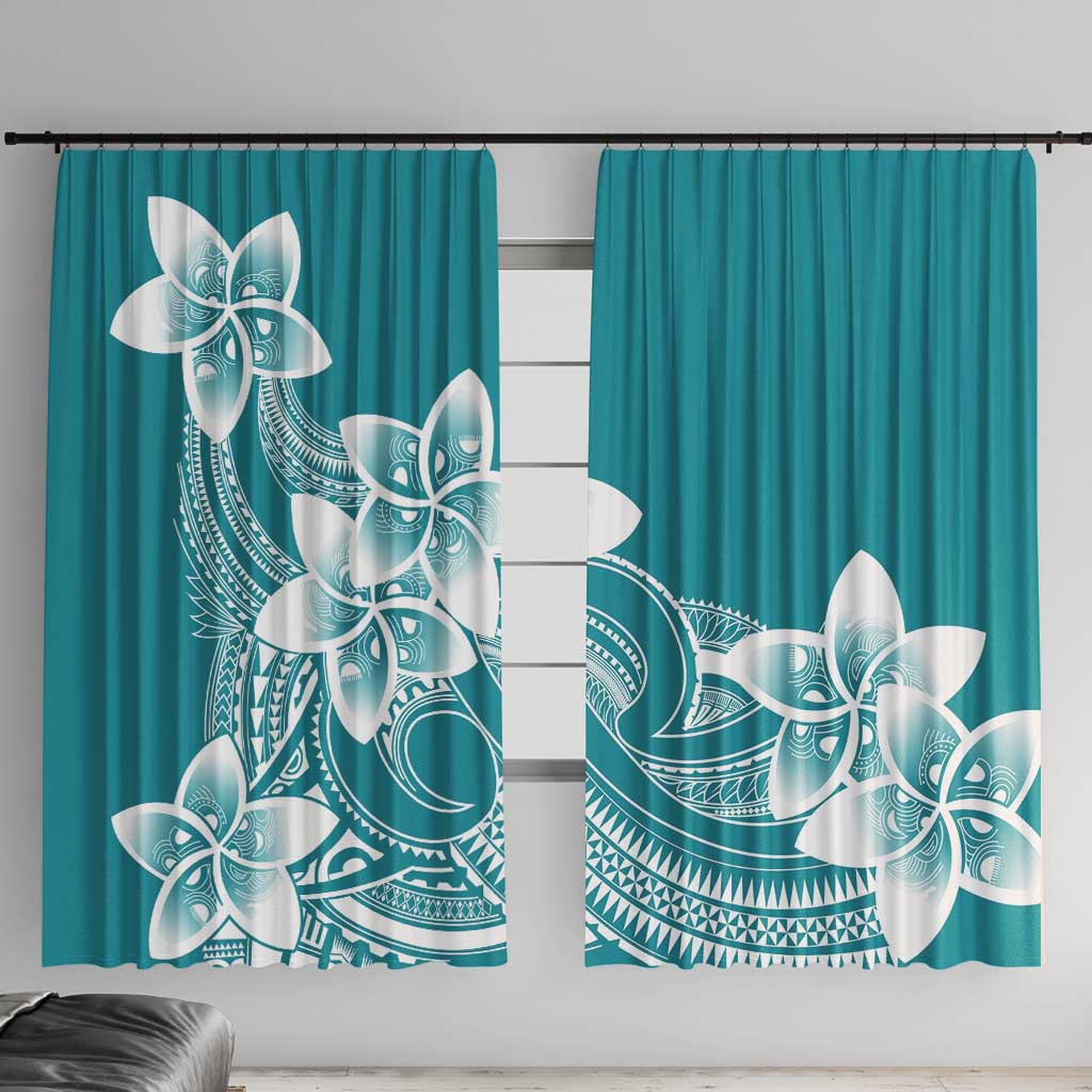 Polynesian Plumeria Flowers Tribal Window Curtain Pacific Tattoo Teal Style LT9 With Hooks Teal - Polynesian Pride