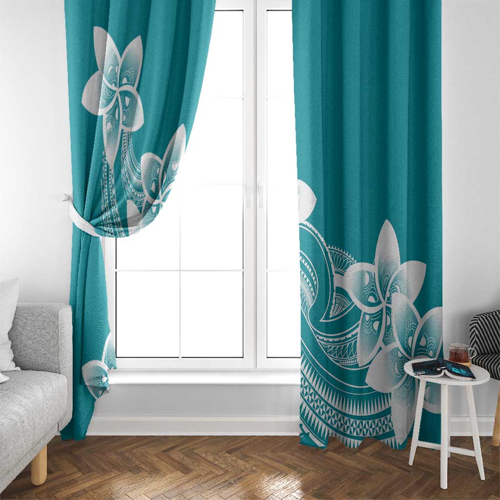 Polynesian Plumeria Flowers Tribal Window Curtain Pacific Tattoo Teal Style - Polynesian Pride