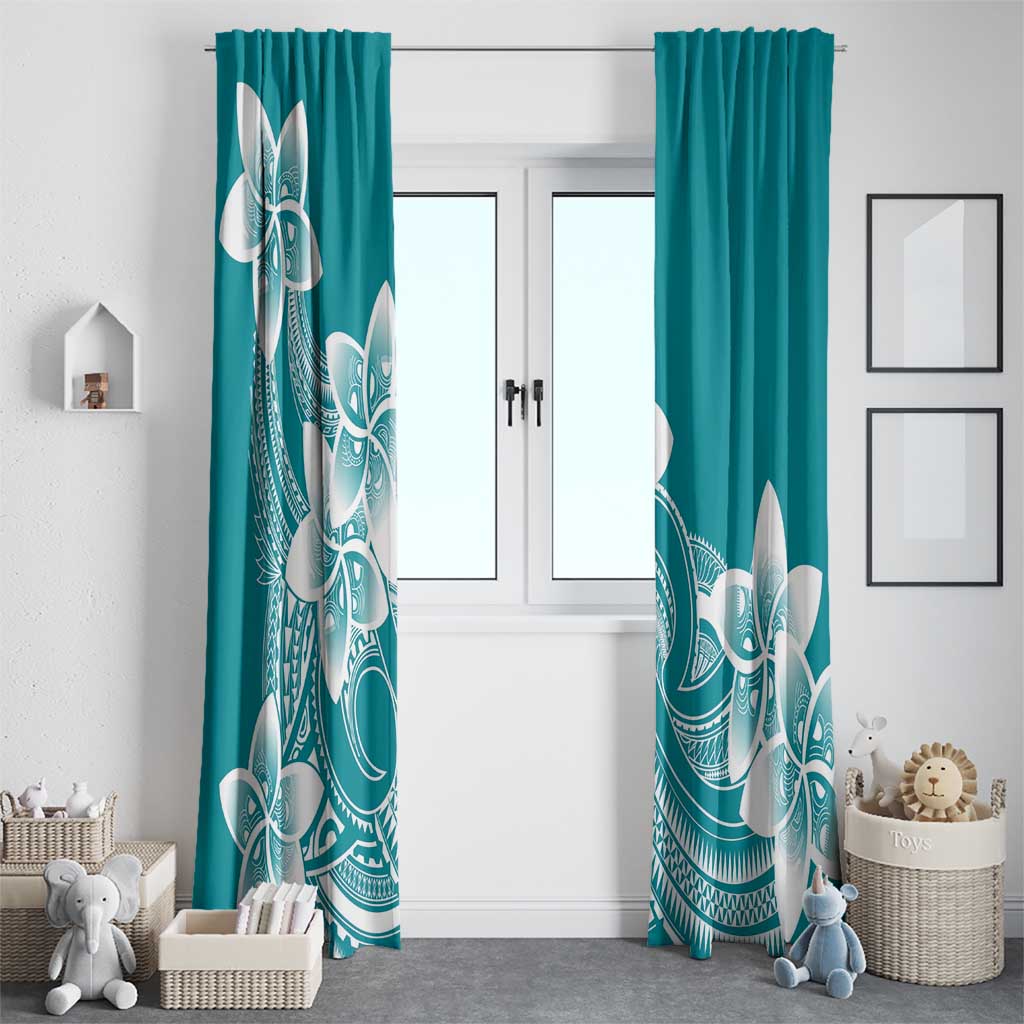 Polynesian Plumeria Flowers Tribal Window Curtain Pacific Tattoo Teal Style - Polynesian Pride