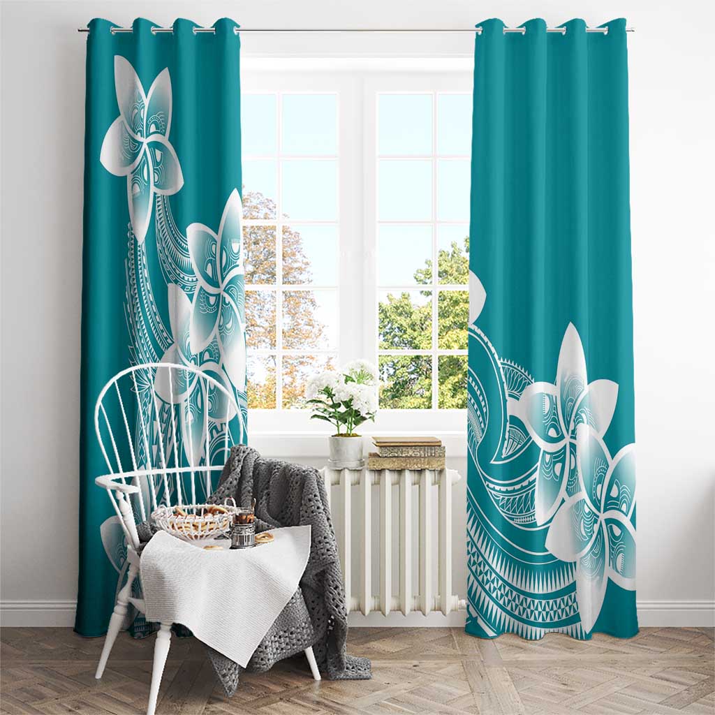 Polynesian Plumeria Flowers Tribal Window Curtain Pacific Tattoo Teal Style - Polynesian Pride