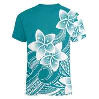 Polynesian Plumeria Flowers Tribal Women V-Neck T-Shirt Pacific Tattoo Teal Style - Polynesian Pride