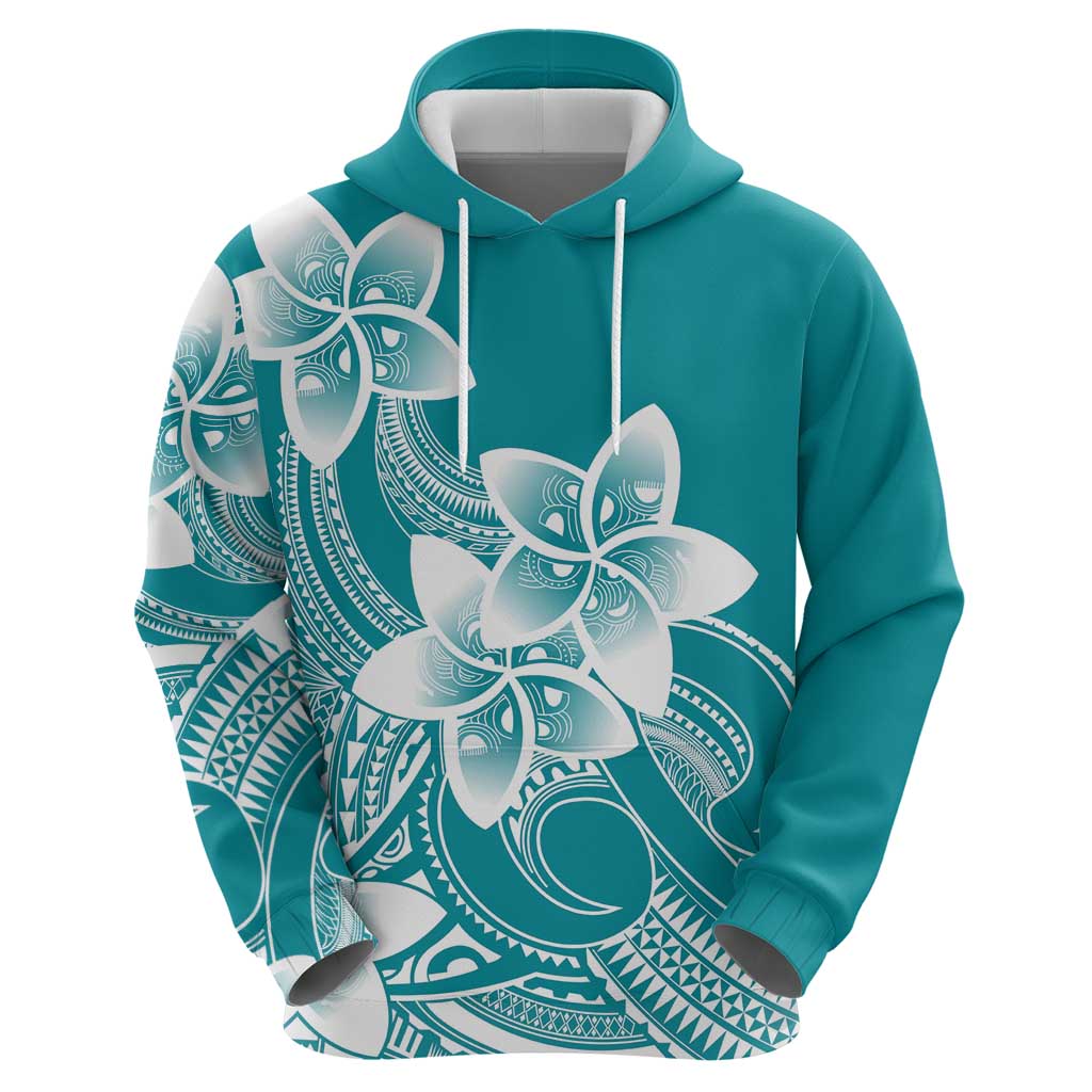 Polynesian Plumeria Flowers Tribal Zip Hoodie Pacific Tattoo Teal Style - Polynesian Pride