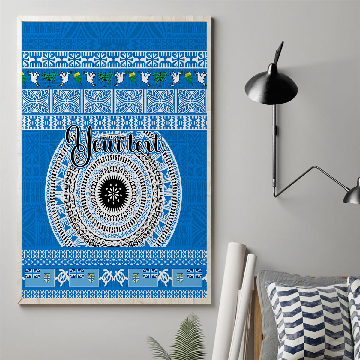 Personalised Fiji Marau Na Kerisimasi Canvas Wall Art Merry Christmas Tapa Pattern Blue Style LT9 - Polynesian Pride