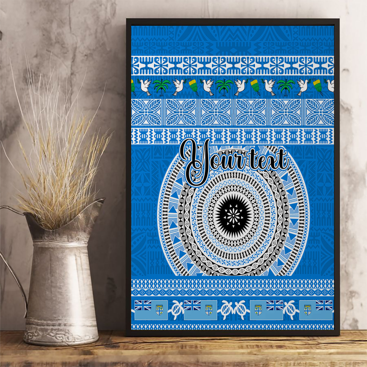 Personalised Fiji Marau Na Kerisimasi Canvas Wall Art Merry Christmas Tapa Pattern Blue Style LT9 - Polynesian Pride