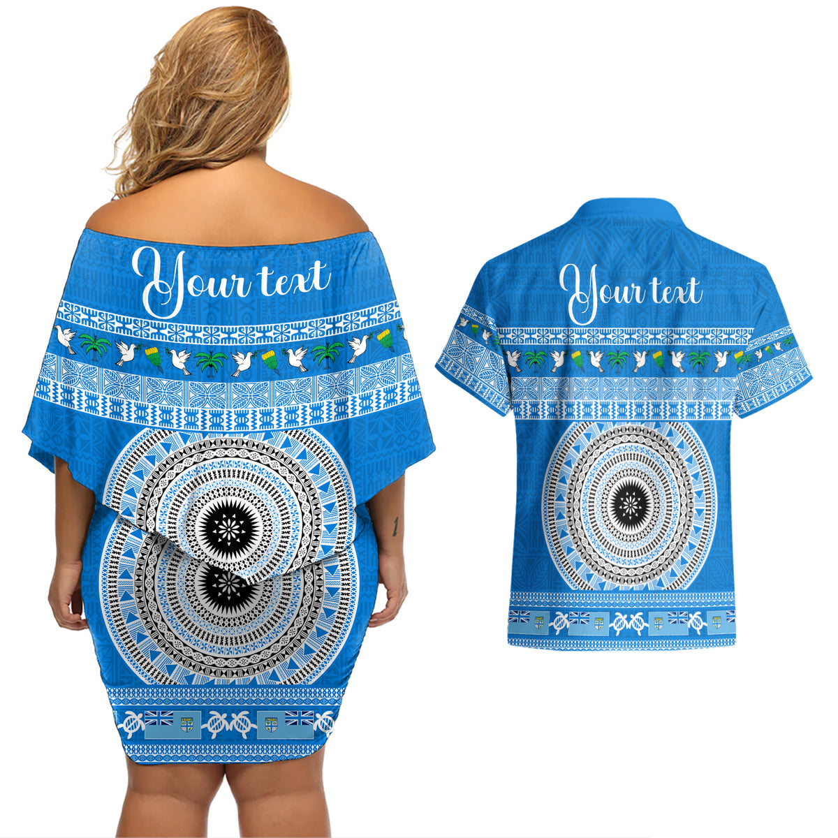 Personalised Fiji Marau Na Kerisimasi Couples Matching Off Shoulder Short Dress and Hawaiian Shirt Merry Christmas Tapa Pattern Blue Style LT9 - Polynesian Pride