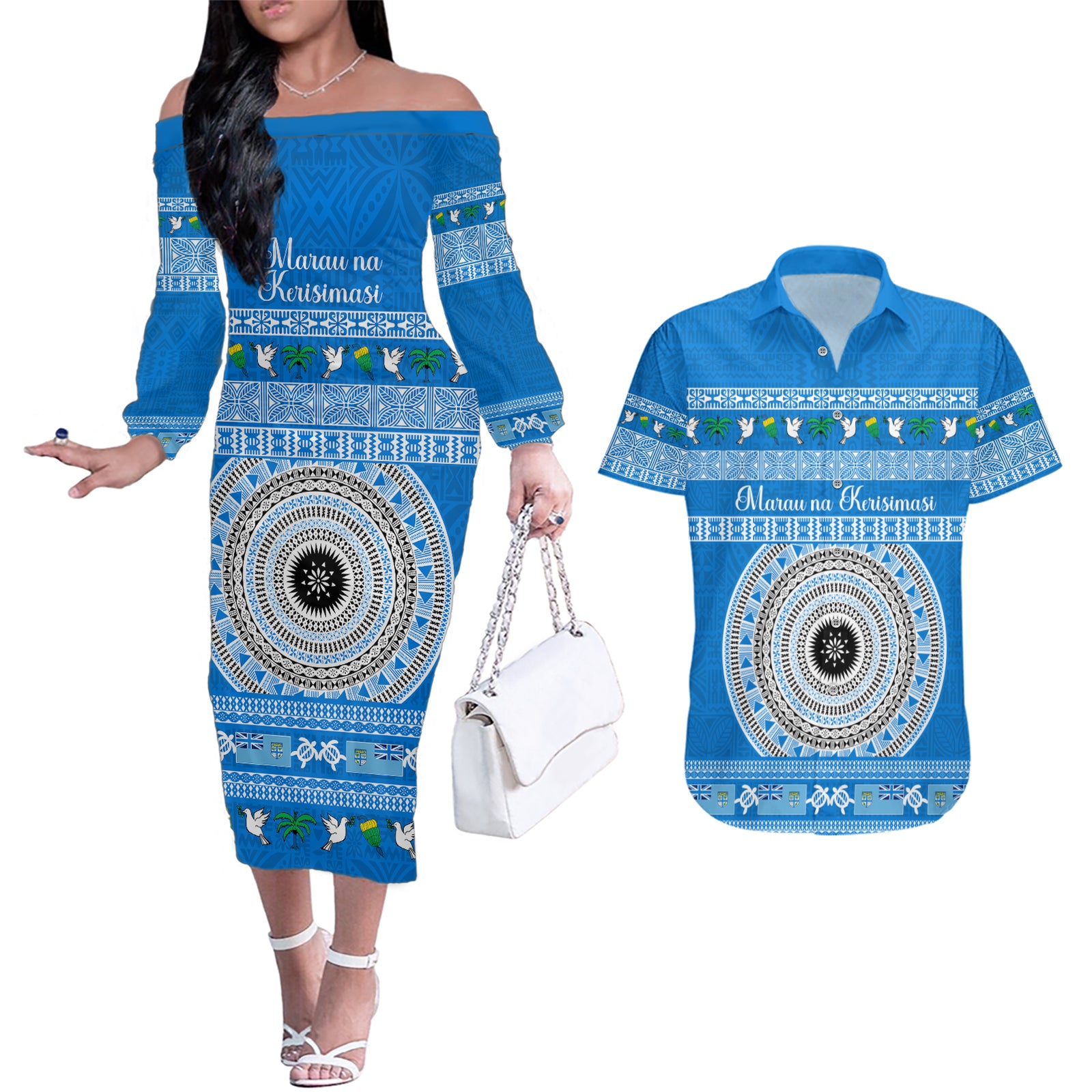 Personalised Fiji Marau Na Kerisimasi Couples Matching Off The Shoulder Long Sleeve Dress and Hawaiian Shirt Merry Christmas Tapa Pattern Blue Style LT9 Red - Polynesian Pride