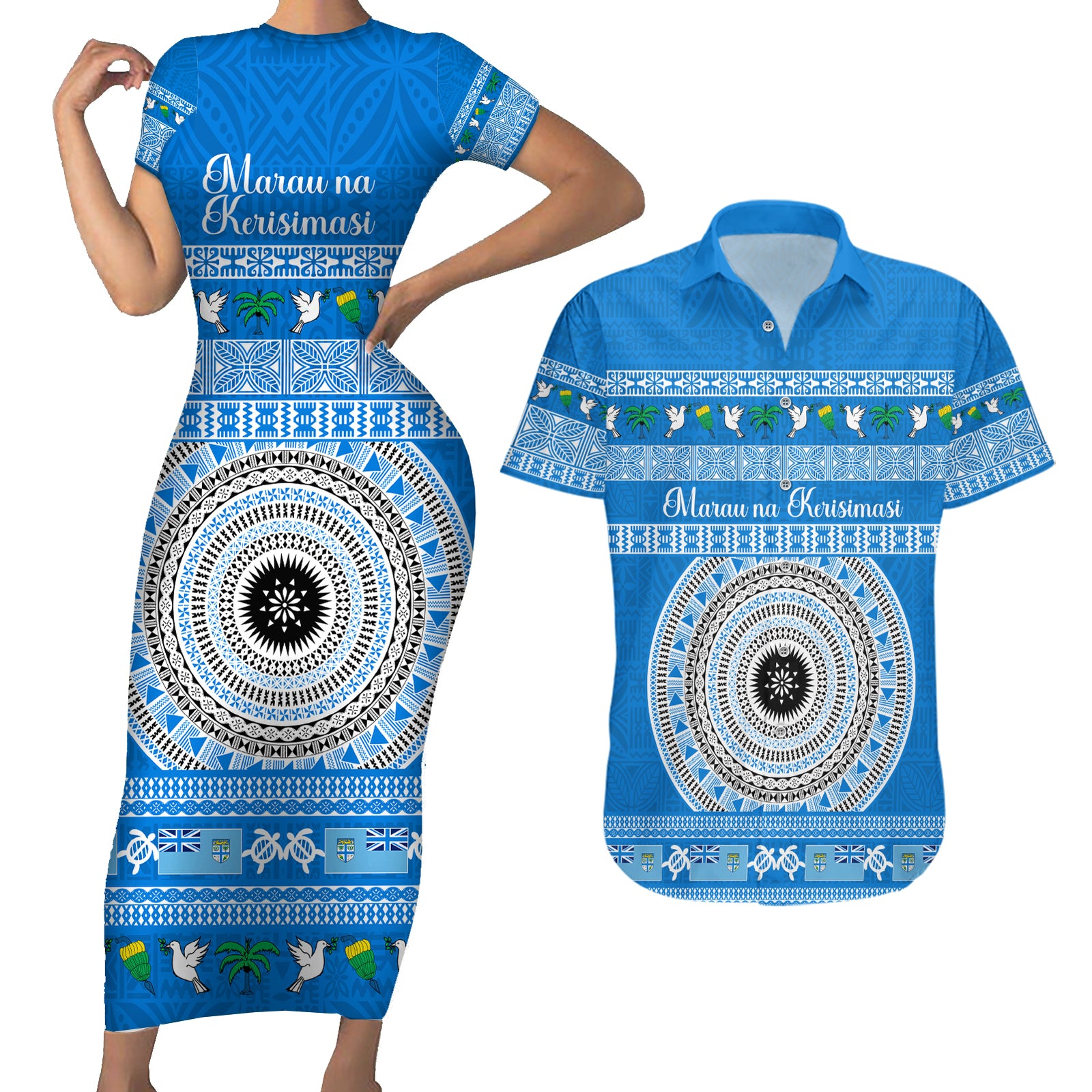 Personalised Fiji Marau Na Kerisimasi Couples Matching Short Sleeve Bodycon Dress and Hawaiian Shirt Merry Christmas Tapa Pattern Blue Style LT9 Red - Polynesian Pride