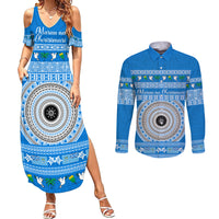 Personalised Fiji Marau Na Kerisimasi Couples Matching Summer Maxi Dress and Long Sleeve Button Shirt Merry Christmas Tapa Pattern Blue Style LT9 Red - Polynesian Pride
