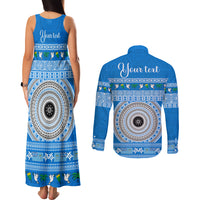 Personalised Fiji Marau Na Kerisimasi Couples Matching Tank Maxi Dress and Long Sleeve Button Shirt Merry Christmas Tapa Pattern Blue Style LT9 - Polynesian Pride