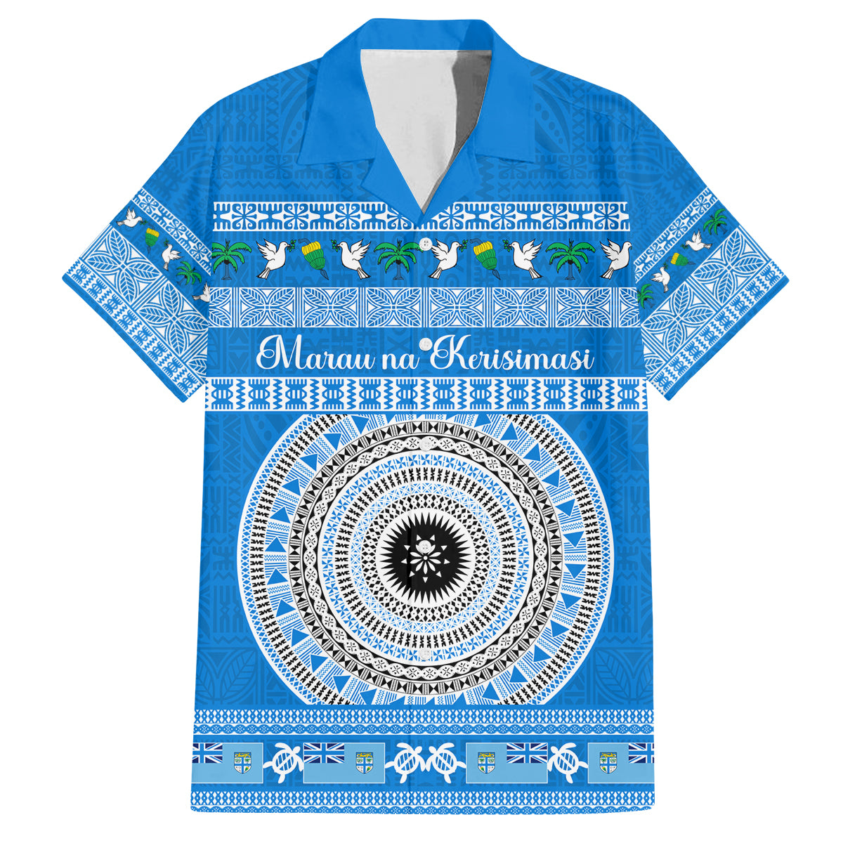 Personalised Fiji Marau Na Kerisimasi Family Matching Long Sleeve Bodycon Dress and Hawaiian Shirt Merry Christmas Tapa Pattern Blue Style LT9 Dad's Shirt - Short Sleeve Red - Polynesian Pride