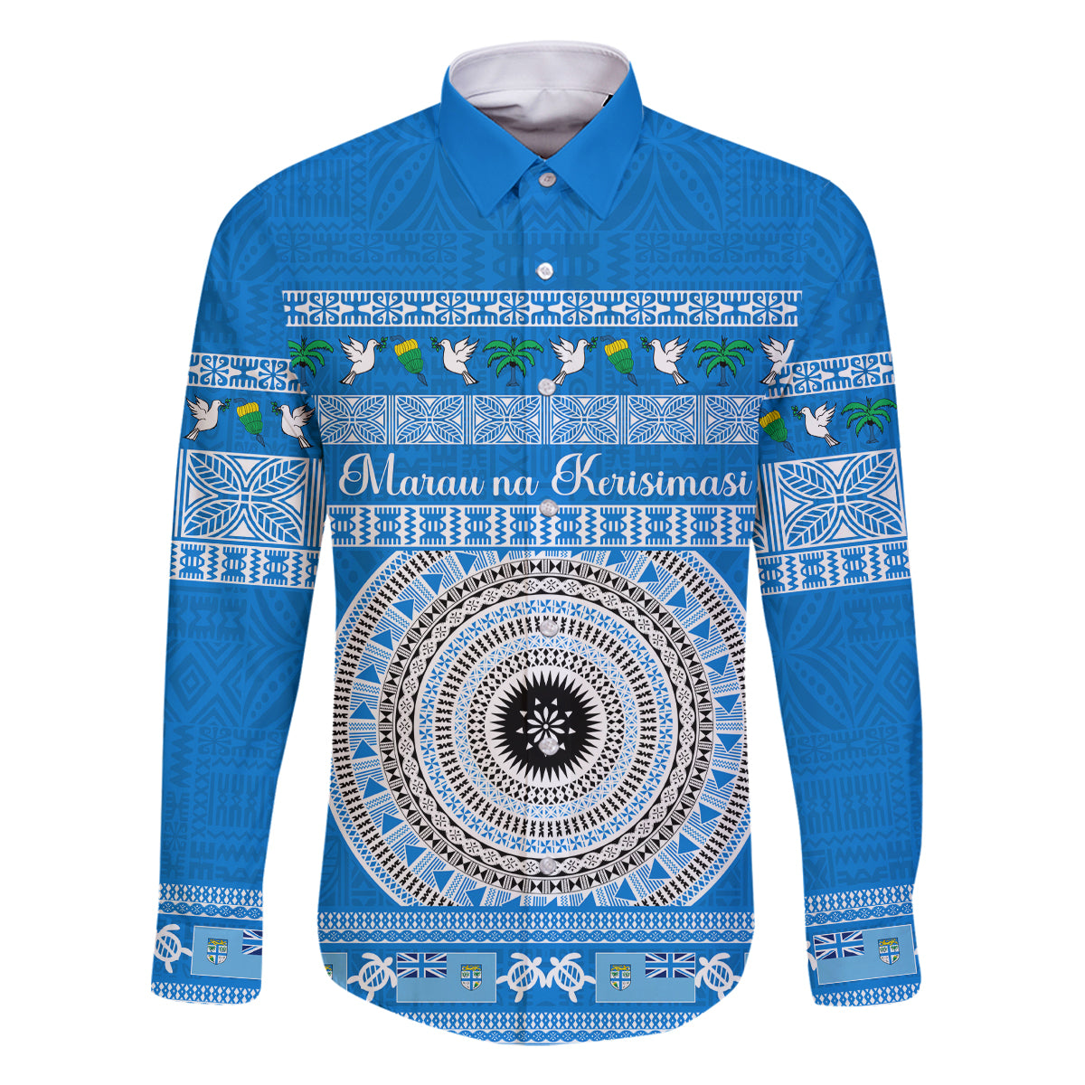 Personalised Fiji Marau Na Kerisimasi Family Matching Long Sleeve Bodycon Dress and Hawaiian Shirt Merry Christmas Tapa Pattern Blue Style LT9 Dad's Shirt - Long Sleeve Red - Polynesian Pride