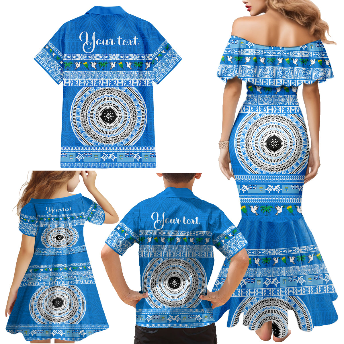 Personalised Fiji Marau Na Kerisimasi Family Matching Mermaid Dress and Hawaiian Shirt Merry Christmas Tapa Pattern Blue Style LT9 - Polynesian Pride
