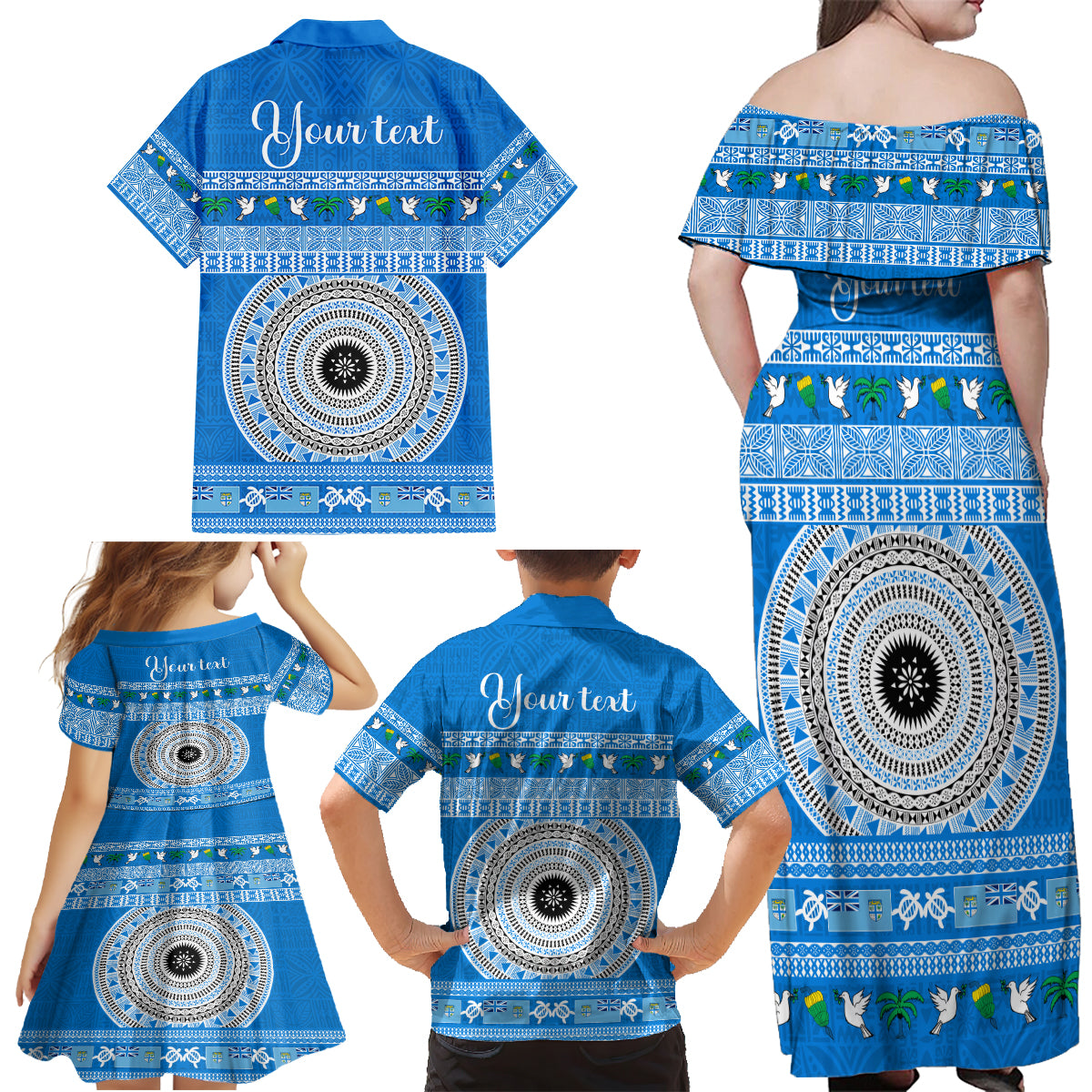 Personalised Fiji Marau Na Kerisimasi Family Matching Off Shoulder Maxi Dress and Hawaiian Shirt Merry Christmas Tapa Pattern Blue Style LT9 - Polynesian Pride