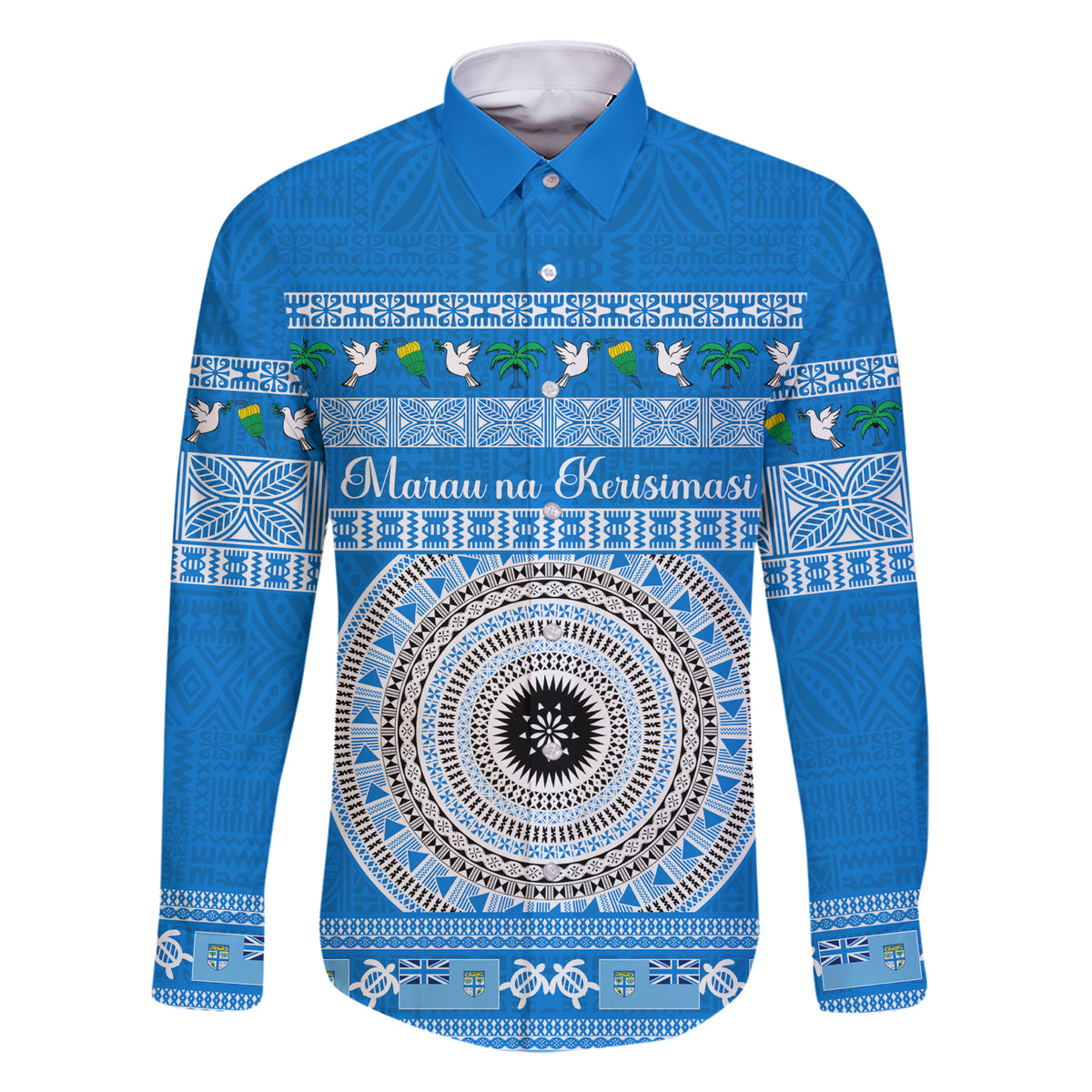 Personalised Fiji Marau Na Kerisimasi Family Matching Short Sleeve Bodycon Dress and Hawaiian Shirt Merry Christmas Tapa Pattern Blue Style LT9 Dad's Shirt - Long Sleeve Red - Polynesian Pride