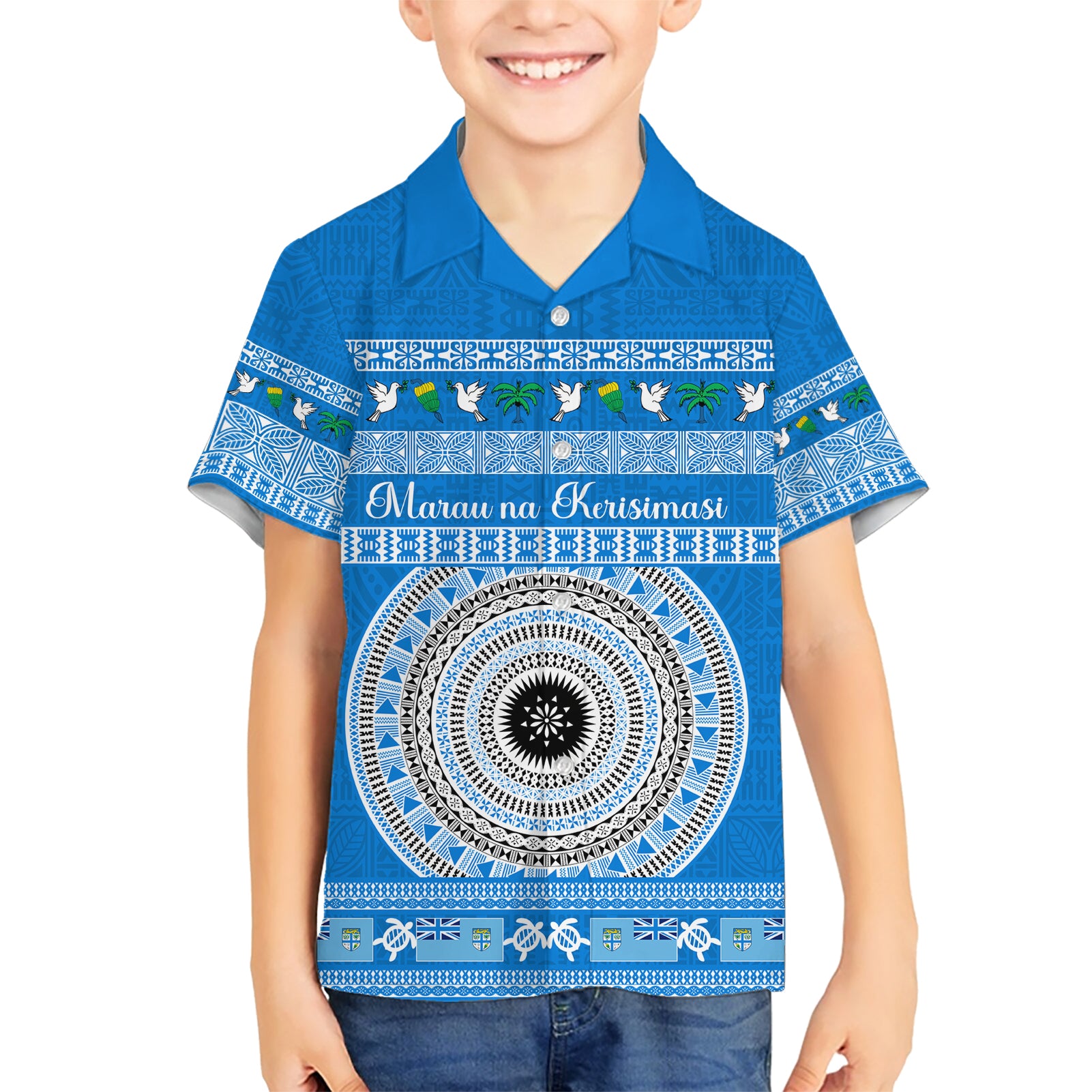 Personalised Fiji Marau Na Kerisimasi Kid Hawaiian Shirt Merry Christmas Tapa Pattern Blue Style LT9 Kid Red - Polynesian Pride