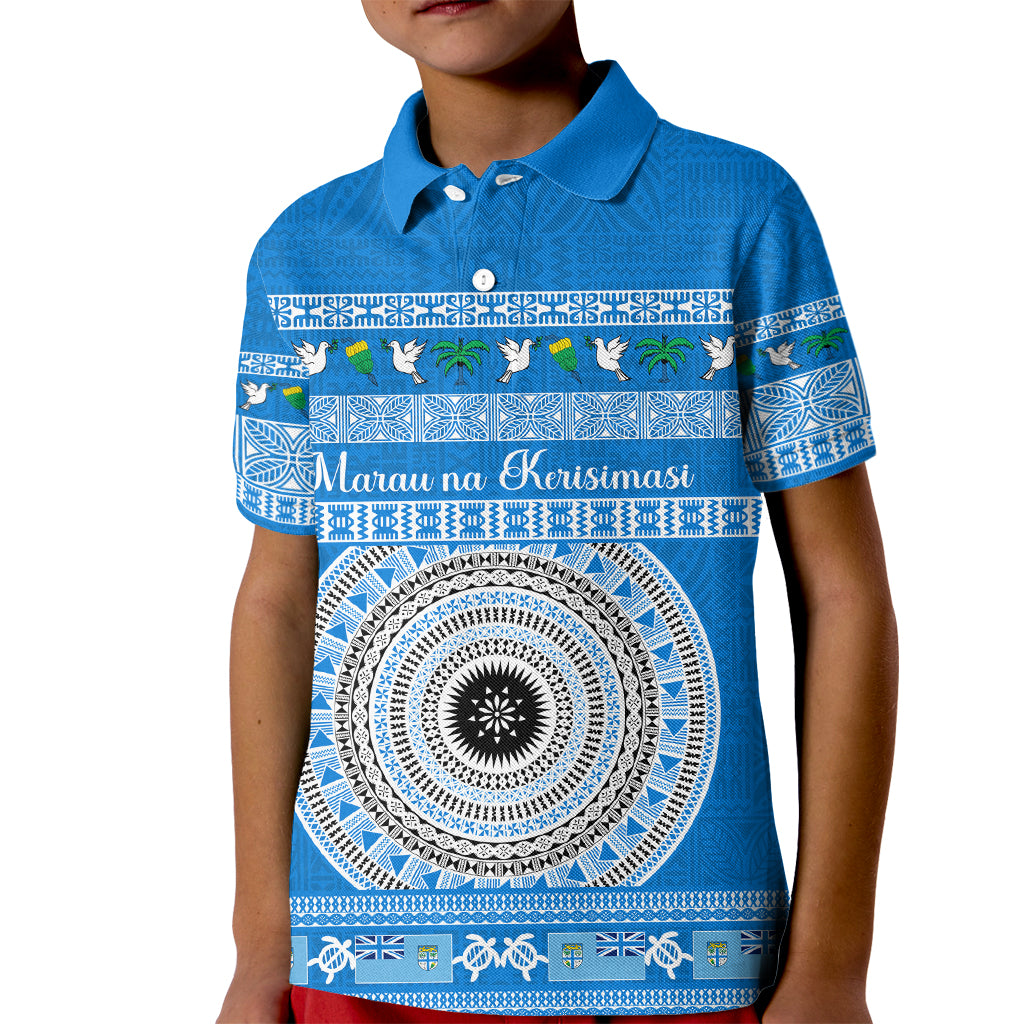 Personalised Fiji Marau Na Kerisimasi Kid Polo Shirt Merry Christmas Tapa Pattern Blue Style LT9 Kid Red - Polynesian Pride