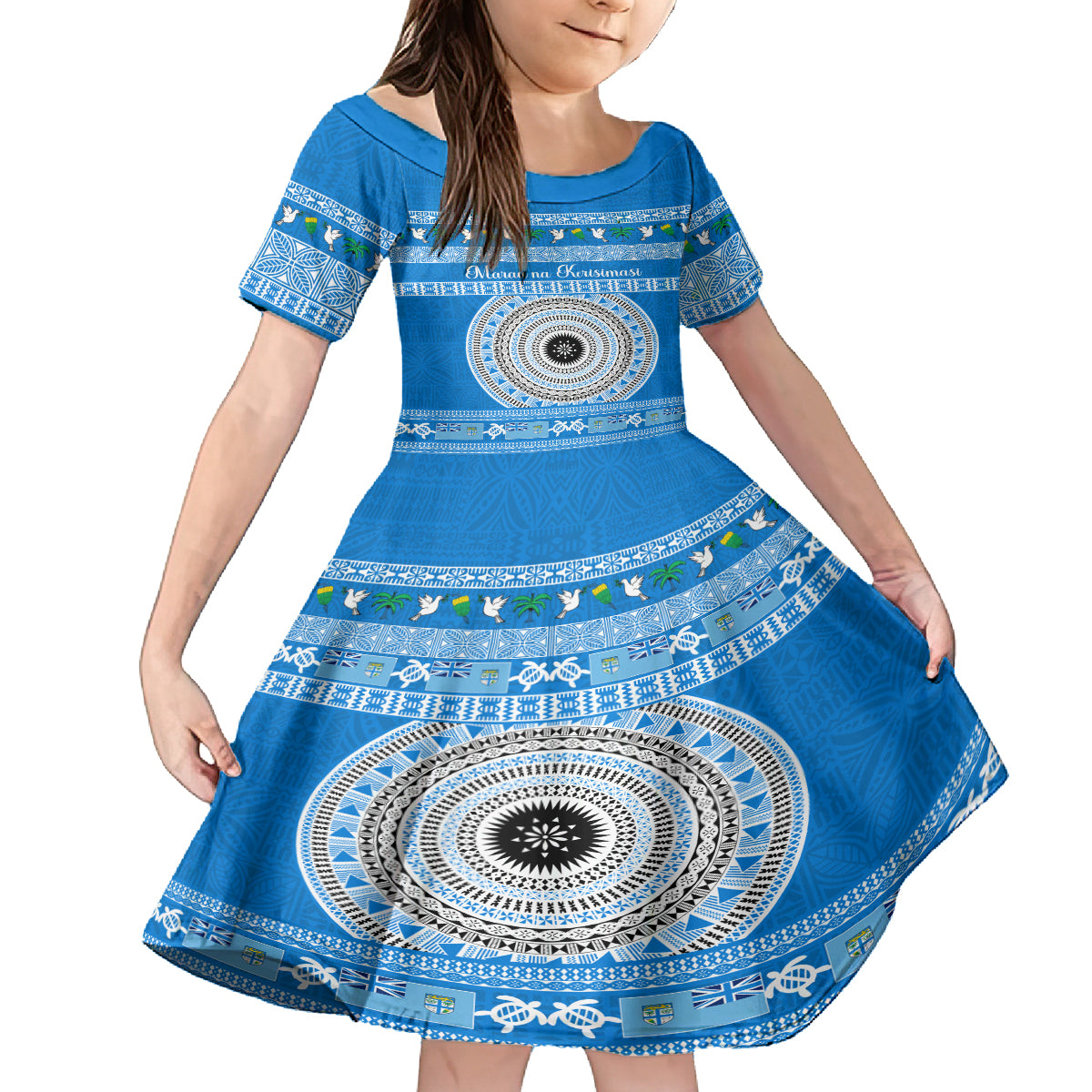 Personalised Fiji Marau Na Kerisimasi Kid Short Sleeve Dress Merry Christmas Tapa Pattern Blue Style LT9 KID Red - Polynesian Pride