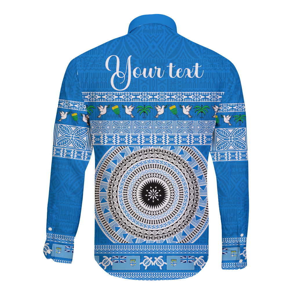 Personalised Fiji Marau Na Kerisimasi Long Sleeve Button Shirt Merry Christmas Tapa Pattern Blue Style LT9 - Polynesian Pride