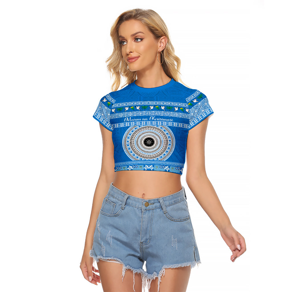 Personalised Fiji Marau Na Kerisimasi Raglan Cropped T Shirt Merry Christmas Tapa Pattern Blue Style LT9 Female Red - Polynesian Pride