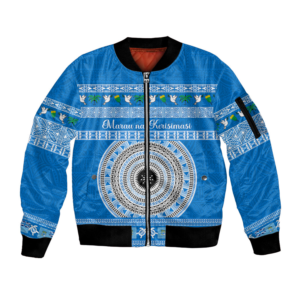 Personalised Fiji Marau Na Kerisimasi Sleeve Zip Bomber Jacket Merry Christmas Tapa Pattern Blue Style LT9 Unisex Red - Polynesian Pride
