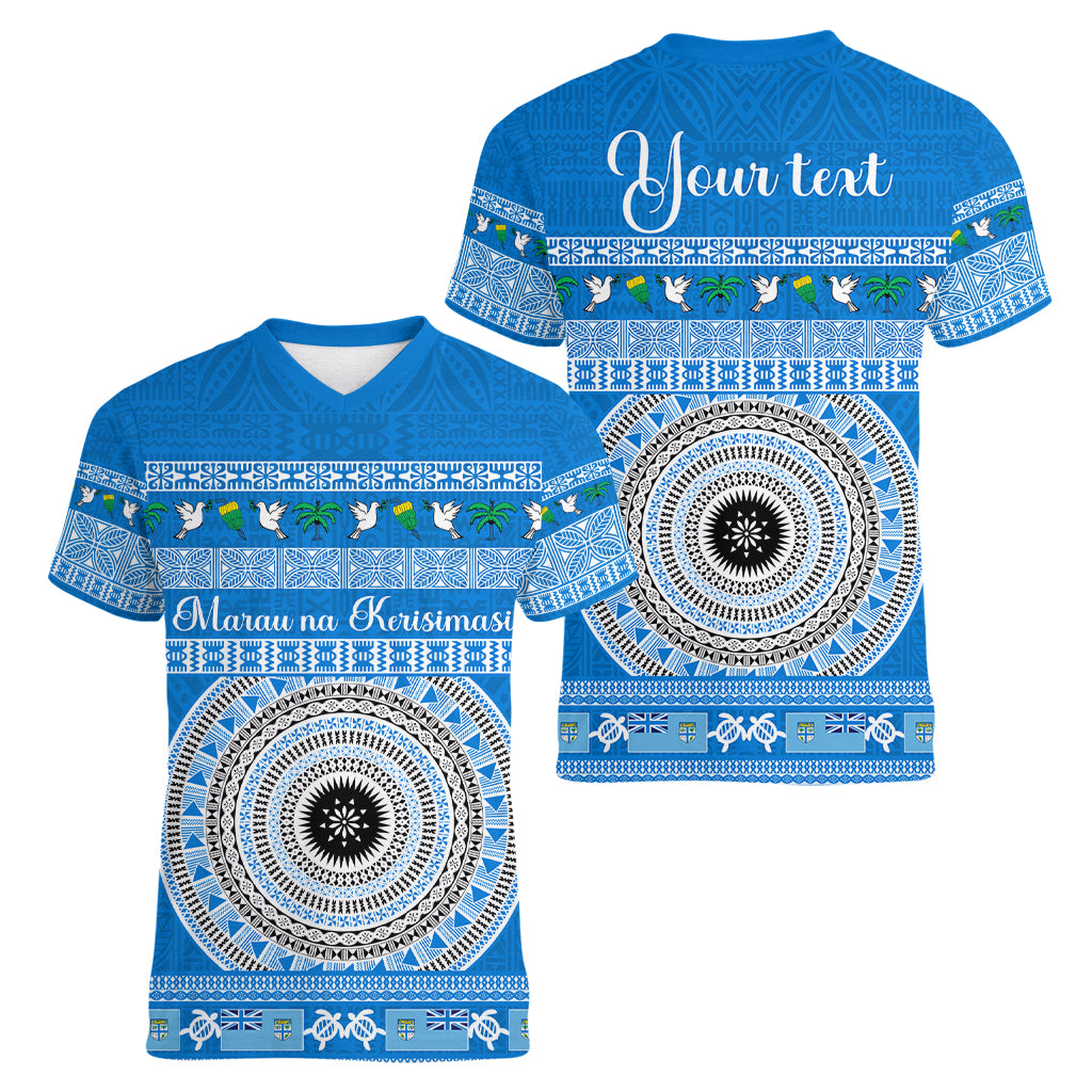 Personalised Fiji Marau Na Kerisimasi Women V Neck T Shirt Merry Christmas Tapa Pattern Blue Style LT9 - Polynesian Pride