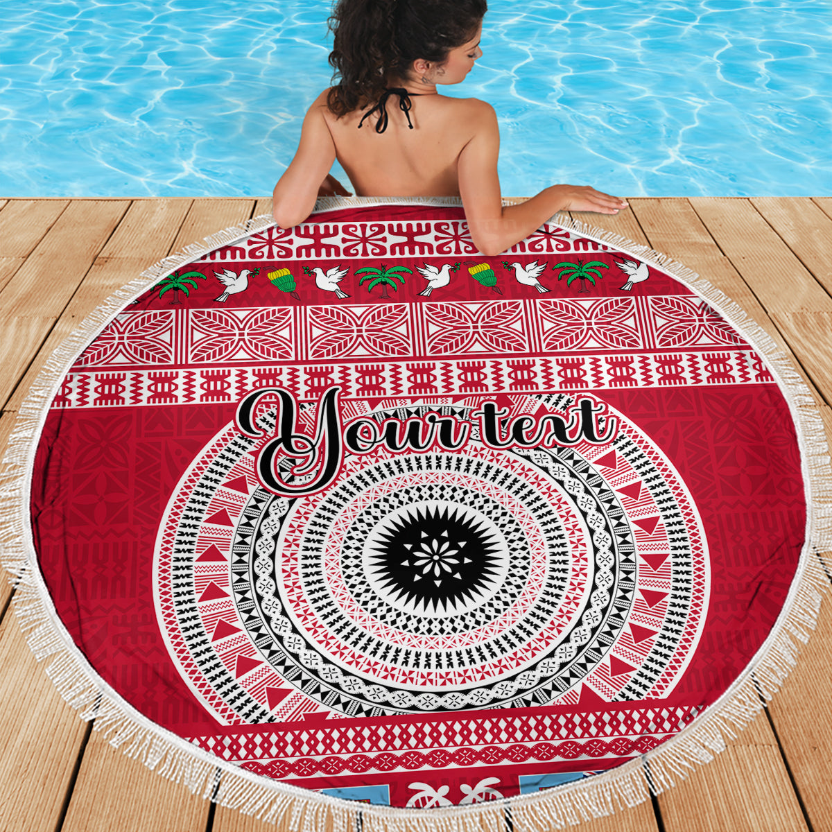 Personalised Fiji Marau Na Kerisimasi Beach Blanket Merry Christmas Tapa Pattern Red Style LT9 - Polynesian Pride