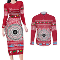 Personalised Fiji Marau Na Kerisimasi Couples Matching Long Sleeve Bodycon Dress and Long Sleeve Button Shirt Merry Christmas Tapa Pattern Red Style LT9 Red - Polynesian Pride
