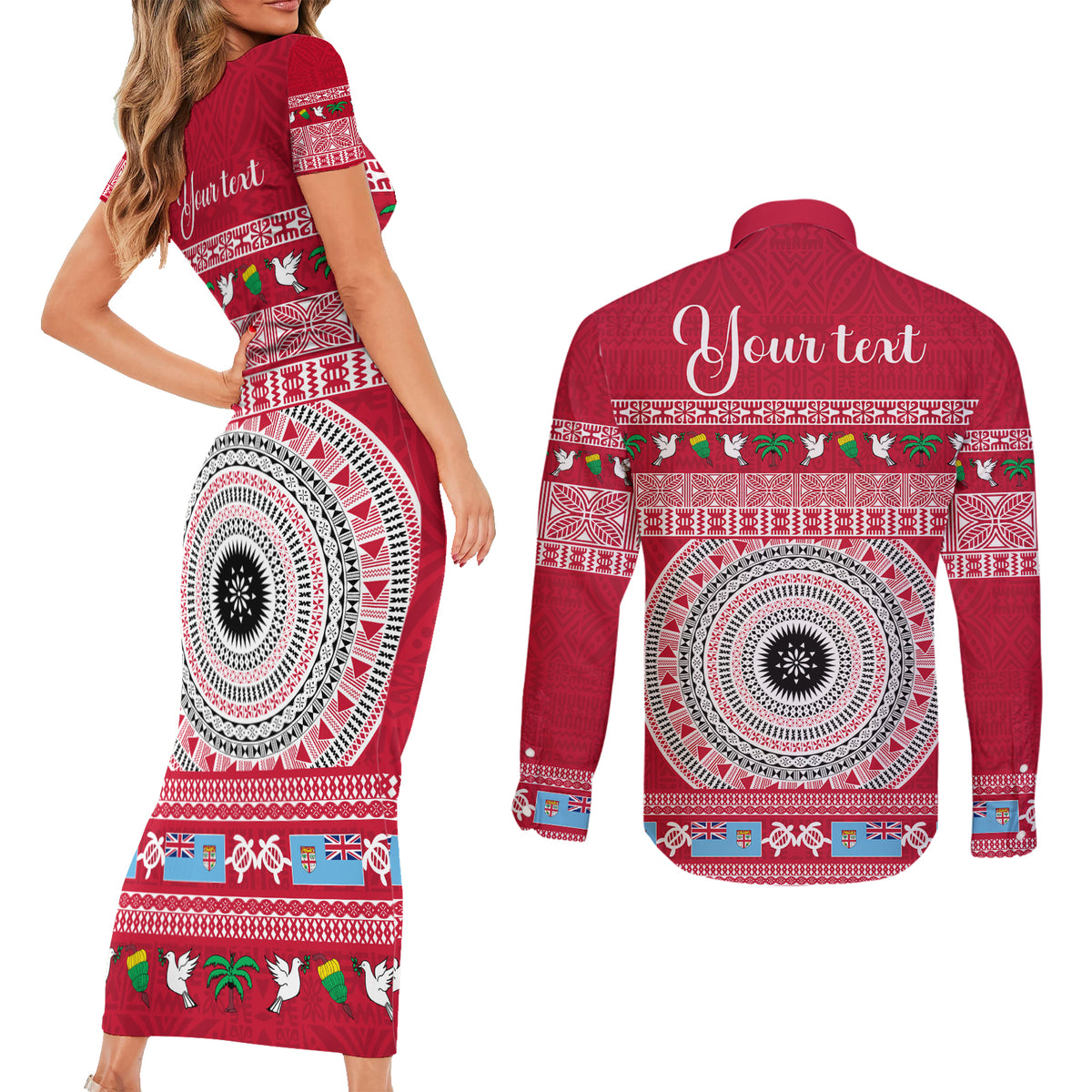 Personalised Fiji Marau Na Kerisimasi Couples Matching Short Sleeve Bodycon Dress and Long Sleeve Button Shirt Merry Christmas Tapa Pattern Red Style LT9 - Polynesian Pride