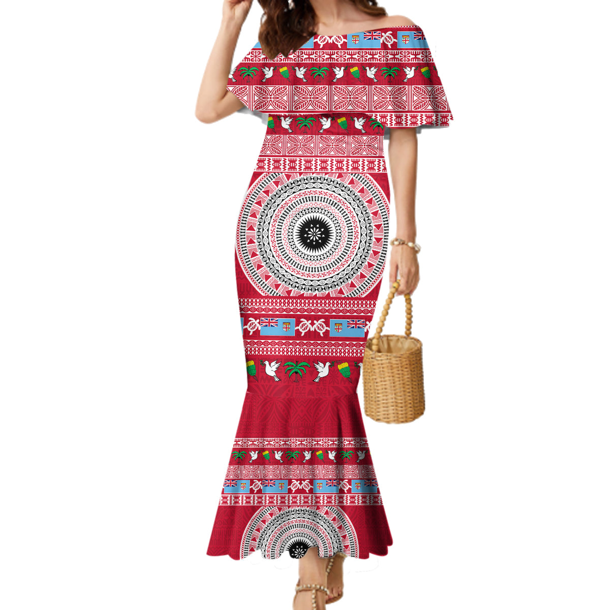 Personalised Fiji Marau Na Kerisimasi Family Matching Mermaid Dress and Hawaiian Shirt Merry Christmas Tapa Pattern Red Style LT9 Mom's Dress Red - Polynesian Pride